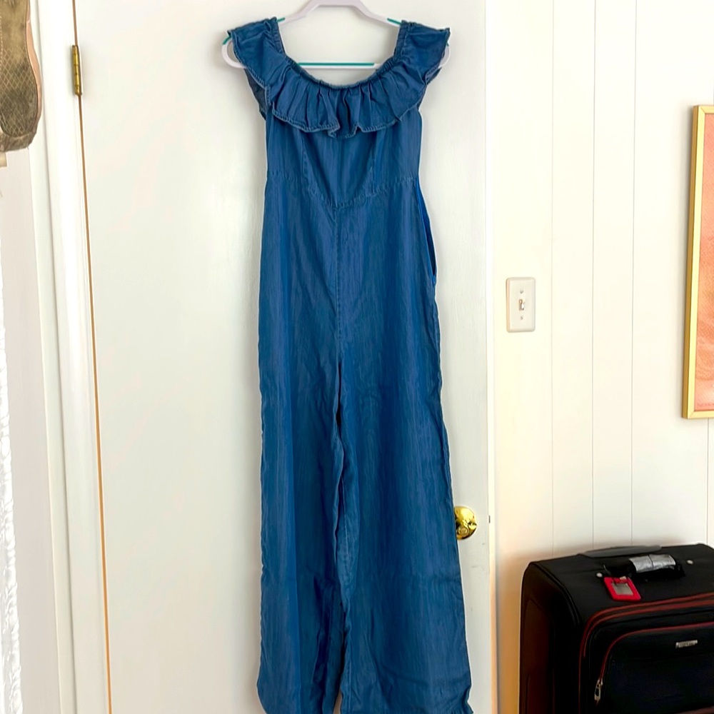 Denim color summer weight romper. Slim fit.